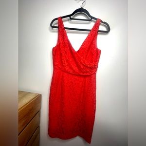 JCrew Women’s embroidered lined red orange midi dress, V-neckline, size 4.